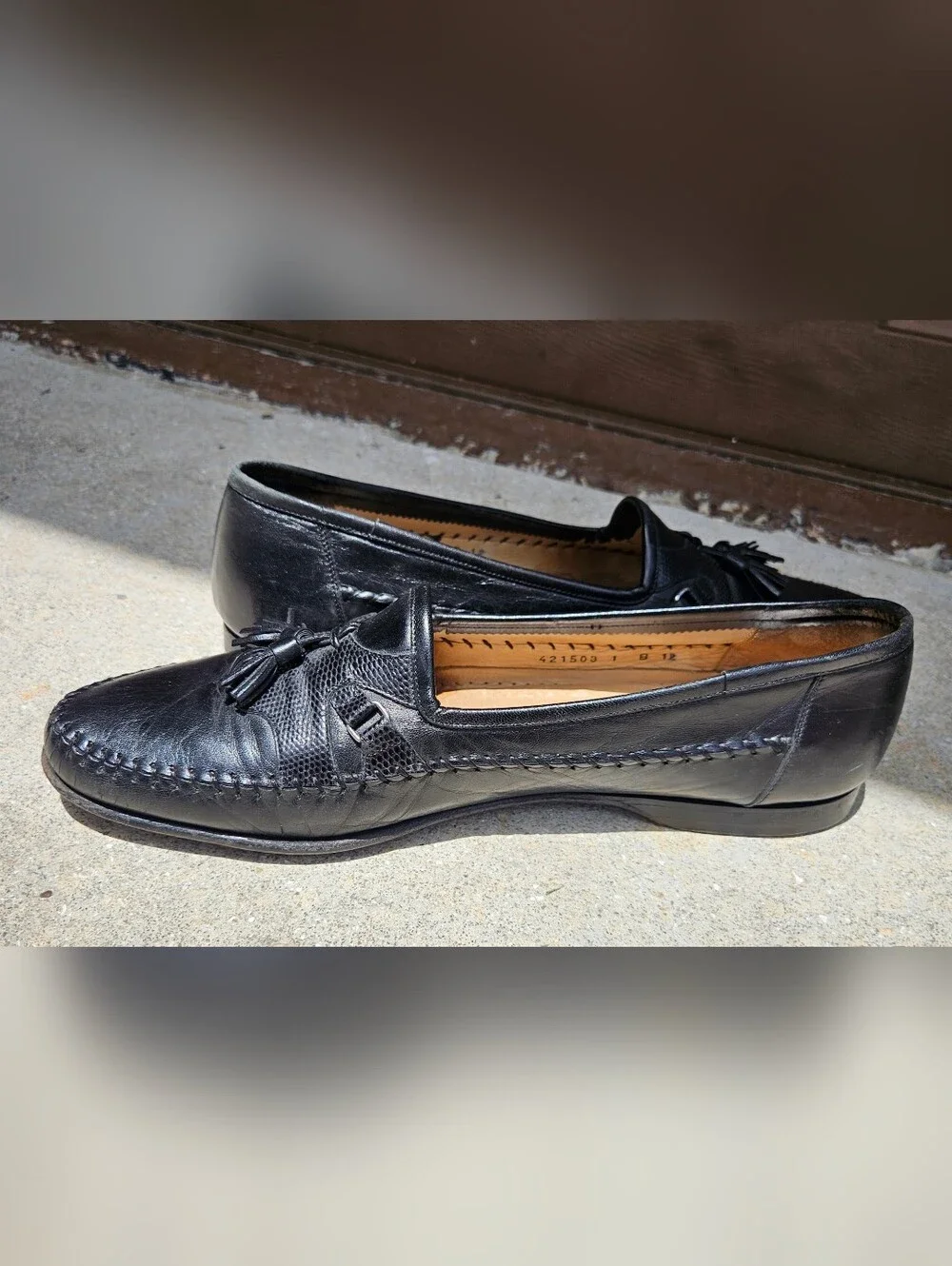 Santoni Black Leather Lizard Trim Tassel Loafers Shoes Italy Men's US 12 B